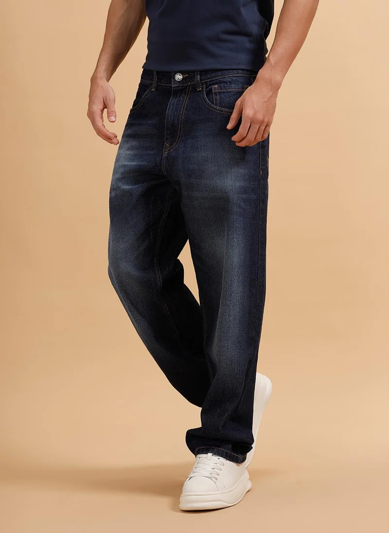 Wrogn Casual Heavy Fade Loose Fit Jeans | Dark Blue